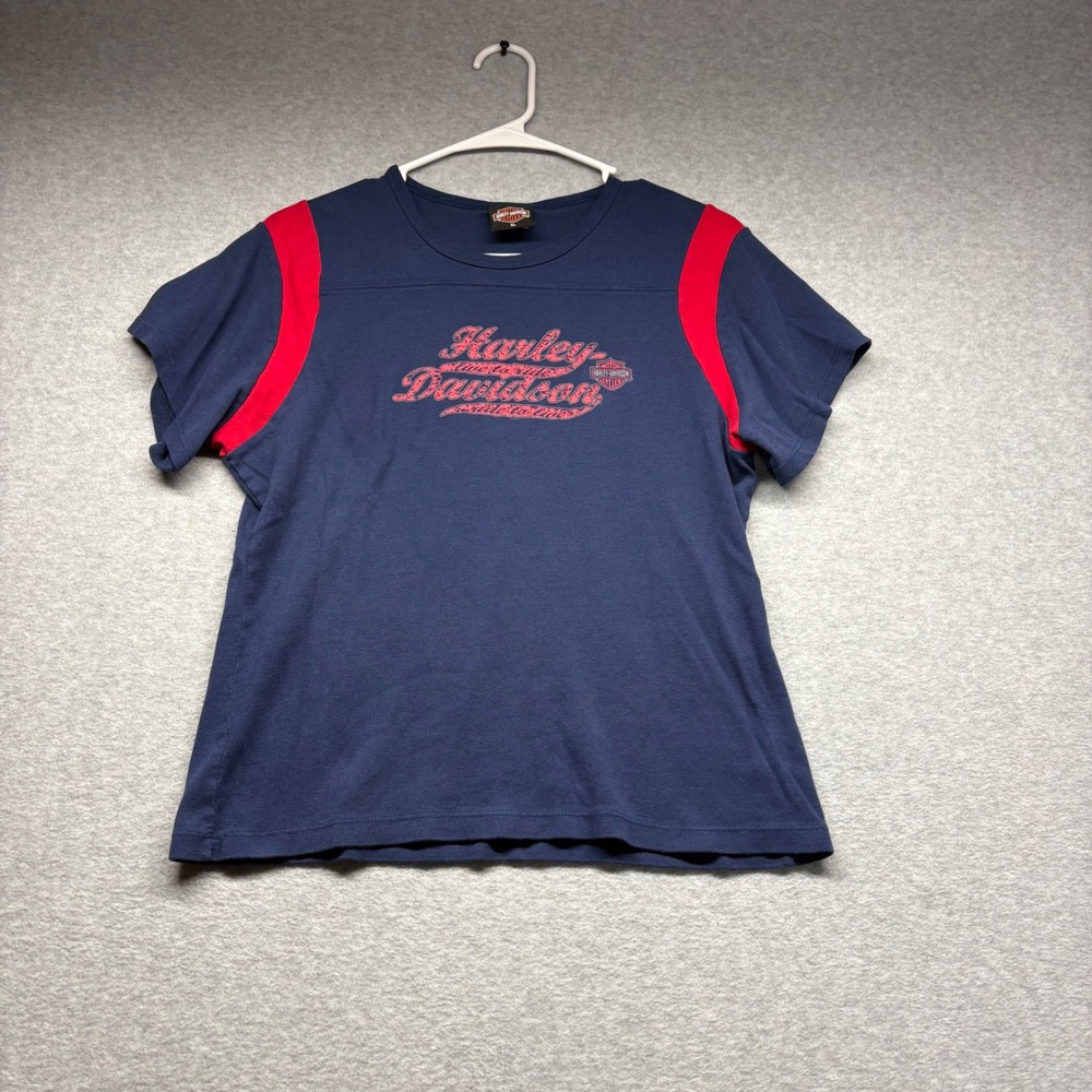 Harley Davidson Womens XL Navy Blue Red Colorblock Graphic T-Shirt Mauston‎ WI
